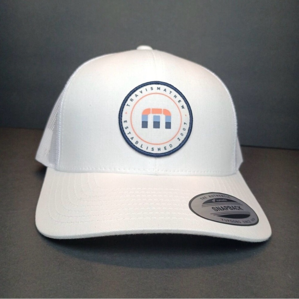 TravisMathew White Mesh Snapback Hat with Blue & Orange Logo